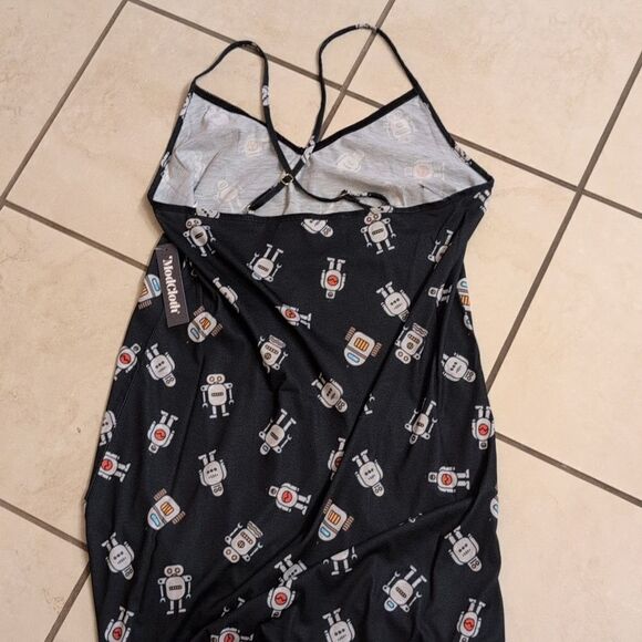 NWT ModCloth Robot Print Nightgown Dark Navy blue w black lace trim size S - Picture 3 of 10